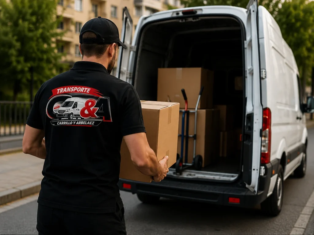 Persona cargando cajas a una camioneta de mudanzas y transporte